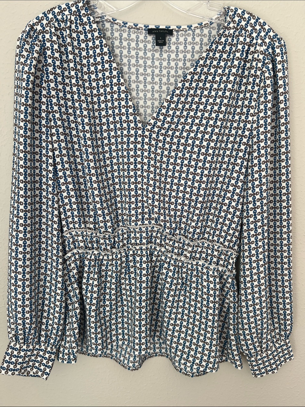 Ann Taylor Geometric V-Neck Peplum Blouse